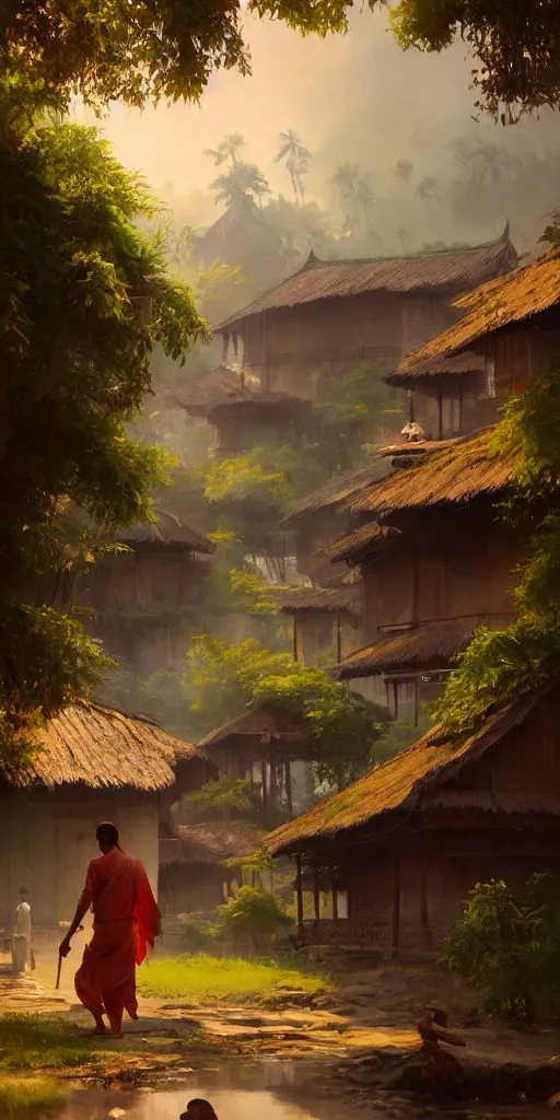 Image similar to kerala village, sharp focus, wide shot, trending on ArtStation, masterpiece, by Greg Rutkowski, by Ross Tran, by Fenghua Zhong, octane, soft render, oil on canvas, colorful, cinematic, environmental concept art