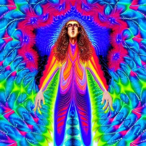 Image similar to weird al as god, infinite fractal, psychedelic, colorful, painting