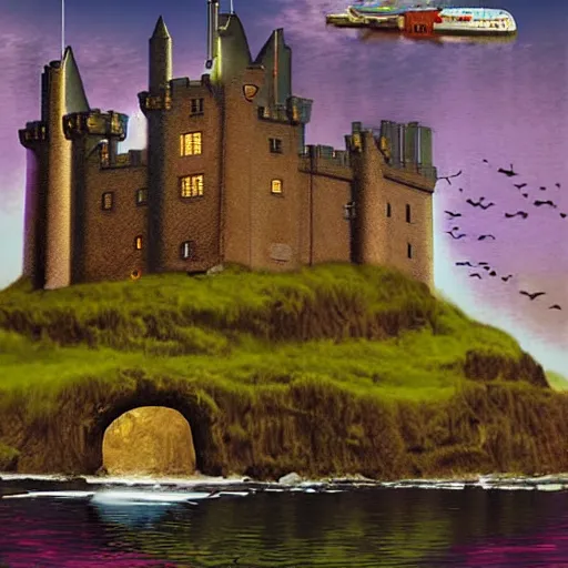 Image similar to Irish castle on an island, digital art, vintage pulp art