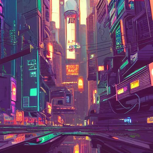 Image similar to astronaut cyberpunk surreal upside down city neon lights moebius
