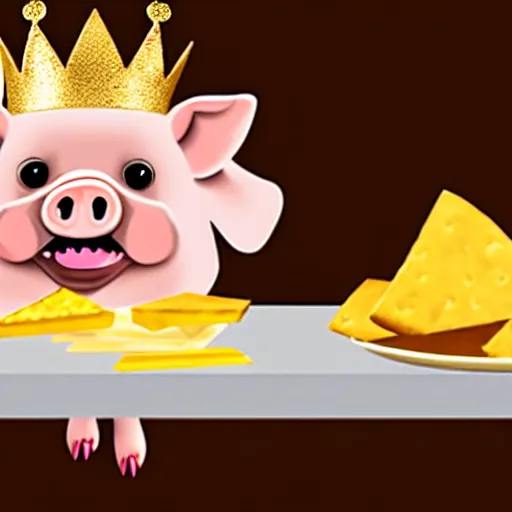 Image similar to realistic photo of a cute puppet pig wearing a gold crown eating cheese wedges at a table with a bib on, high quality, cinematic concept art