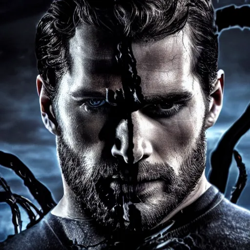 Prompt: henry cavill as Eddie Brock from Venom (2018), 4k, insanely detailed, fangs