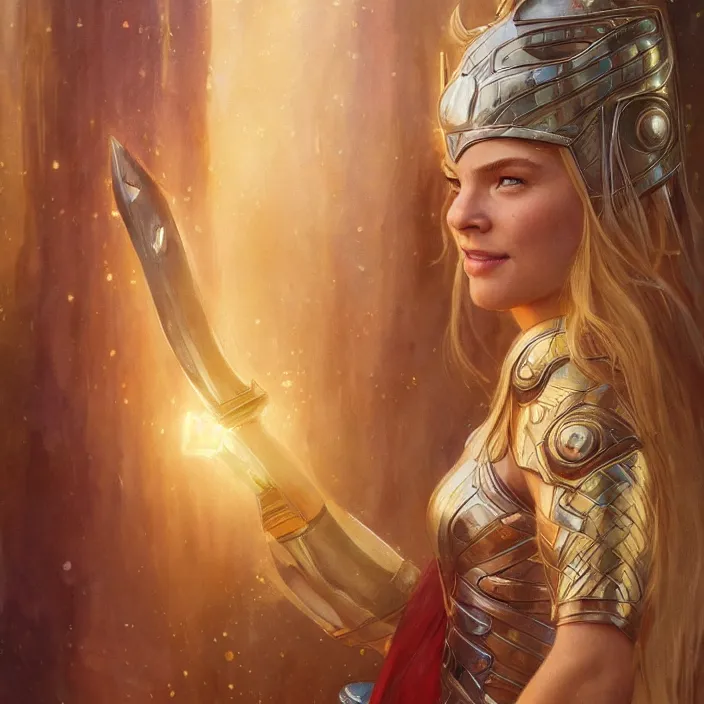 Prompt: smiling beautiful female thor with sparkling eyes, closed up portrait, highly detailed, gold filigree, fantasy, soft cinematic lighting, award, disney concept art, watercolor illustration by mandy jurgens and alphonse mucha and alena aenami, pastel color palette, featured on artstation