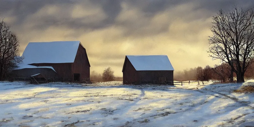 Image similar to a barn in the morning sun, ominous sky, winter, snow, countryside, peter sculthorpe, painting, artstation