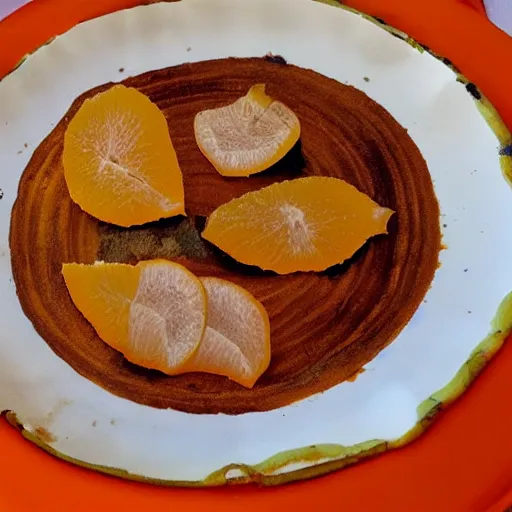 Prompt: una naranja sin cáscara sobre un plato blanco, en un mantel azul