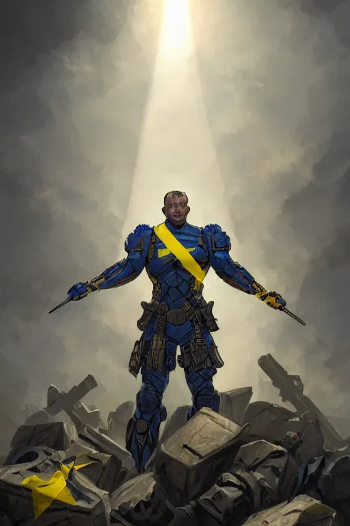 Prompt: an accurate picture of a super soldier with a Ukrainian blue and yellow stripes flag standing in the beam of light from the clouds on a pile of skulls as a winner, masculine figure, D&D, fantasy, intricate, elegant, highly detailed, extremely detailed, digital painting, artstation, concept art, matte, sharp focus, symmetrical, illustration, art by Artgerm and Greg Rutkowski and Alphonse Mucha
