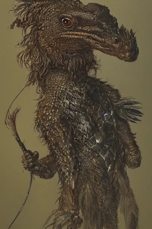 Image similar to art by john howe of a dog - sized humanoid with the feathers of a magpie, head of a horse, front claws of a gecko, arms of a monitor lizard and the face of a chinchilla.