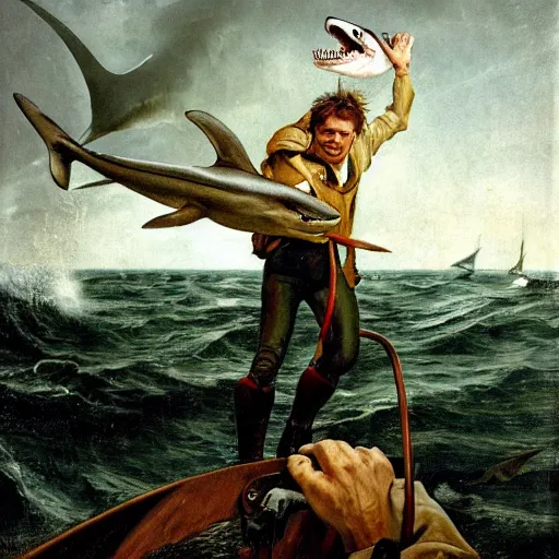 Prompt: Old sailor Willem Dafoe in captain's clothes holds a shark at arm's length, stands on the deck against the background of a raging sea, the background is blurred, focus in the foreground, realism, details,