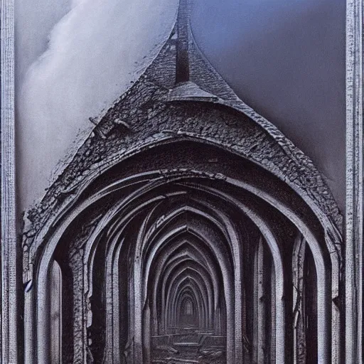 Image similar to explosion bridge, ruins, dark fantasy, arch bridge, neogothic architecture, symmetry, poster design, zdzisław beksiński, hr giger, occult mystical symbols in real life, high detail, blue fog