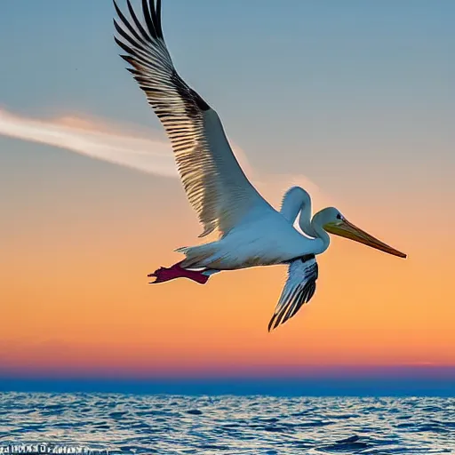 Image similar to award - winning photo of a white pelican in flight as seen from below. in the background we see the ocean and a pinkish hue sunset