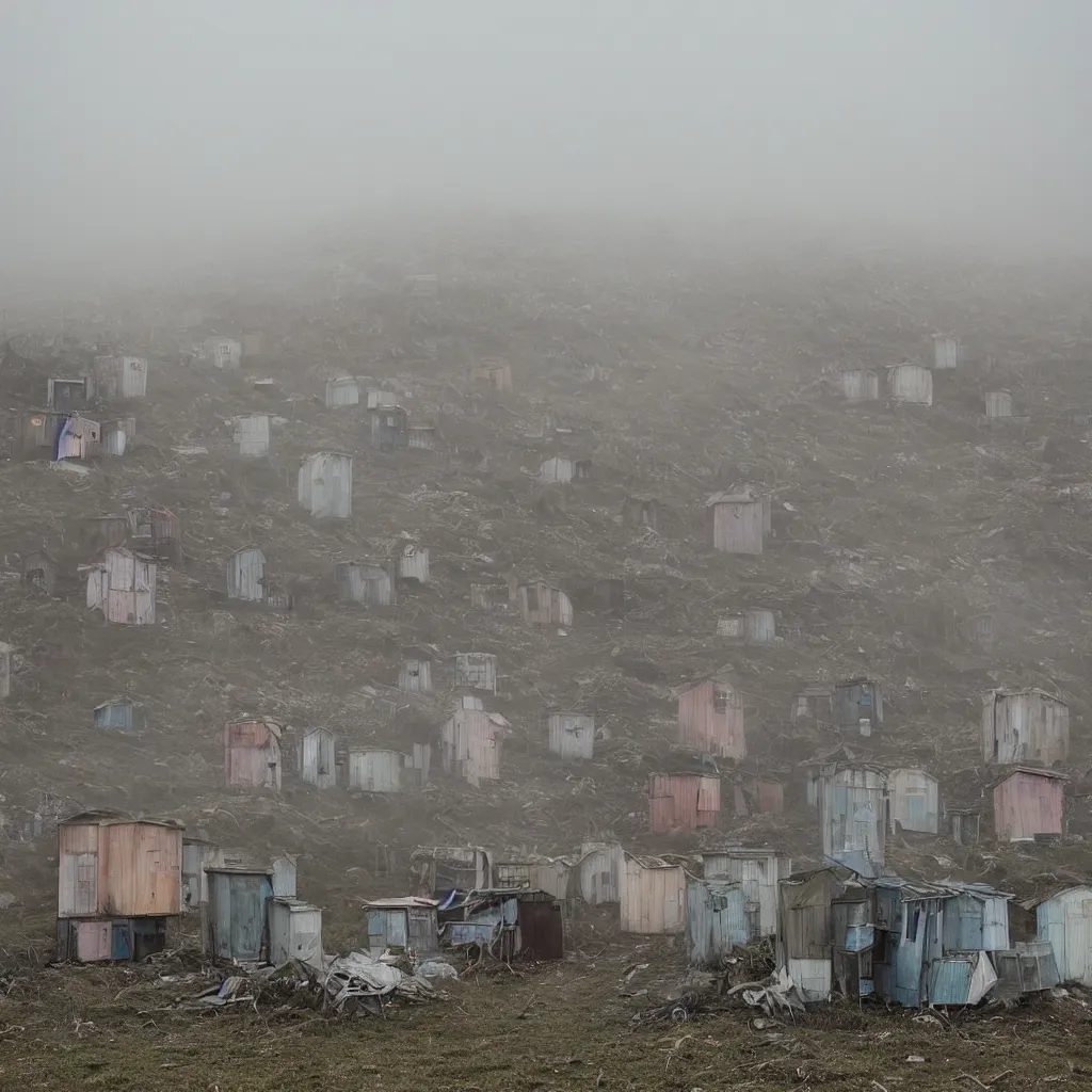 Image similar to two towers, made up of makeshift squatter shacks with pastel colours, uneven dense fog, dystopia, mamiya, f 1 1, fully frontal view, photographed by jeanette hagglund