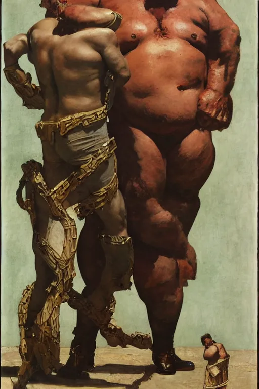 Image similar to full length portrait of huge hulking muscular kenneth mcmillan as baron vladimir harkonnen, simple background, painted by jack kirby, lawrence alma tadema, norman rockwell, greg staples, wayne barlow, neville page