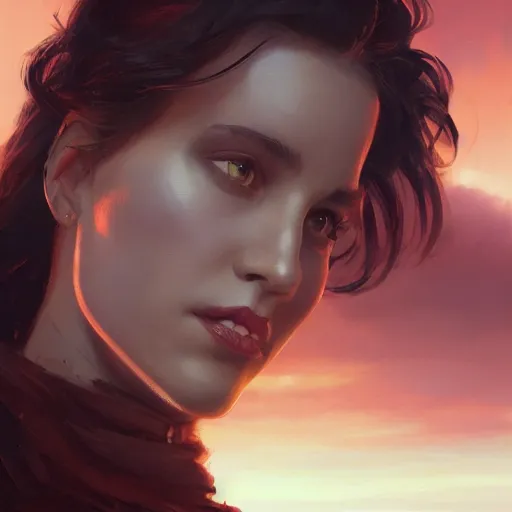 Image similar to closeup portrait of esme augusta bianco, dramatic lighting, city background, sunset, chiaroscuro, complementary contrast high detail, painted by greg rutkowski, painted by igor kieryluk, painted by bobby chiu, trending on artstation