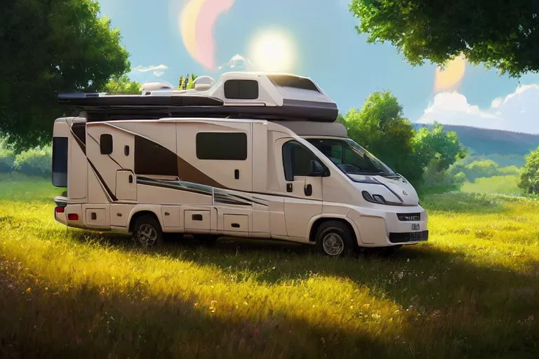 Image similar to a wholesome animation key shot of!! one!! focused! hymer motorhome! in romanian countryside, medium shot, studio ghibli, ( pixar ) and disney animation, sharp, very detailed, high resolution, rendered in unreal engine 5, anime key art by greg rutkowski, bloom, dramatic lighting