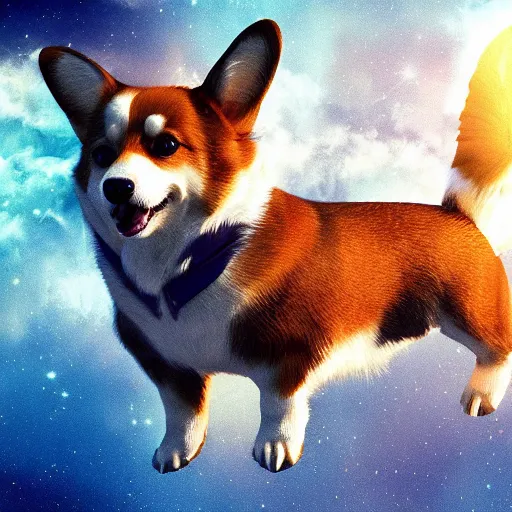 Image similar to corgi with [ angelic wings ]!!, [ flying like a superhero ]!! in the [ night sky ]!! where the stars are visibly perceptible, [ realistic photo ]!!, [ 4 k photorealism ]!!, trending on artstation