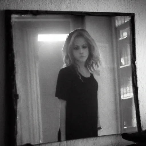 Image similar to Brittany Murphy spirit in the dark misty mirror, dark eerie pic, photo taken by ghost adventures