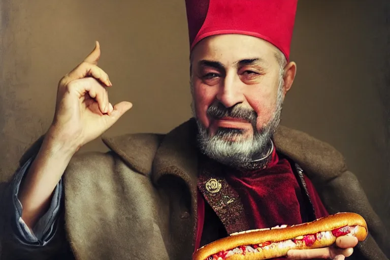 Image similar to Ottoman Sultan Mehmet IV eating a delicious hot dog, wearing big ovular turban and a luxurious Ottoman coat, mid-shot, cold lighting, photography from Vogue Magazine, neat, precise, realistic, detailed facial features, expressive, photorealistic, hyperrealism, micro details, HDR Shot, in the style of Martin Schoeller