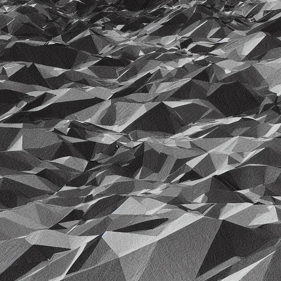 Image similar to black and white triangulated landscape, complex virtual dreamscape, HD render, 4k, artstation, cgsociety