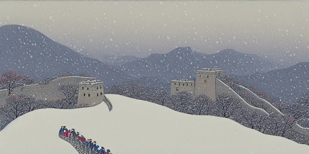 Image similar to The Great Wall, snowy day, Kawase Hasui