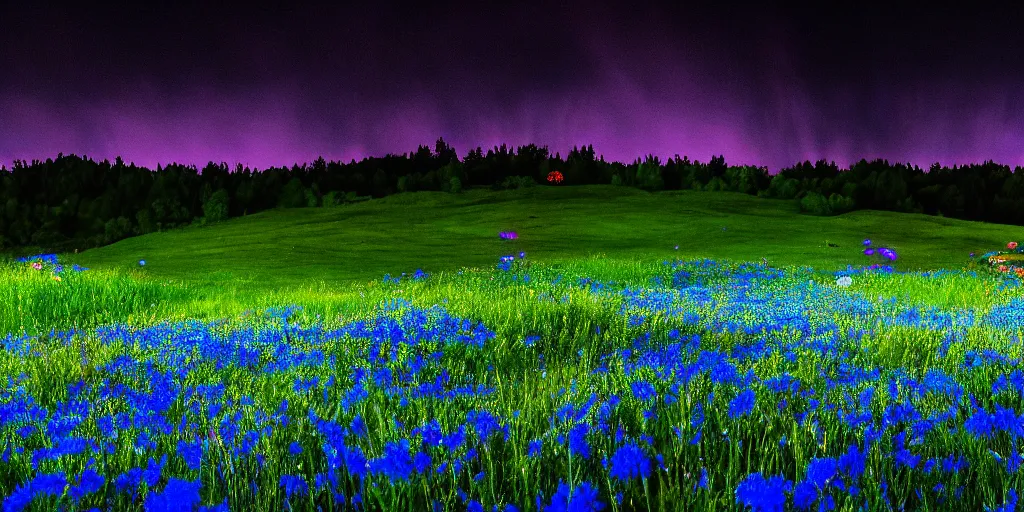 Prompt: ( * ) midnight, meadows on hills, blue flowers bloomed all over, glowing spores flying, photo, cinematic, 4 k, incredibly detailed, ephemere, feerique atmosphere contemplative