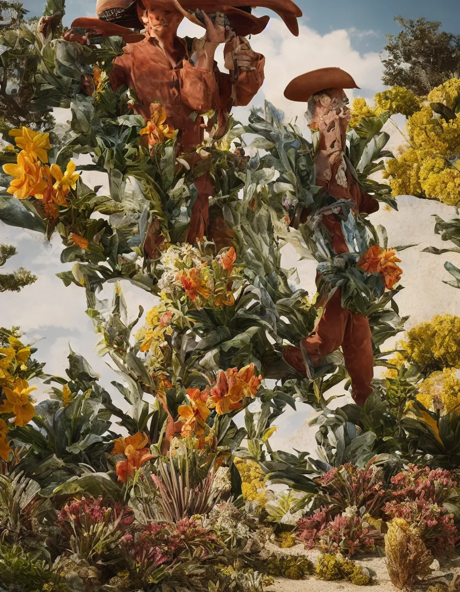 Image similar to a cowboy turning into blooms. tropical sea slugs, tractor tires. complementary colors. national geographic. 8 k, rendered in octane, smooth gradients. sculpture by antonio canova