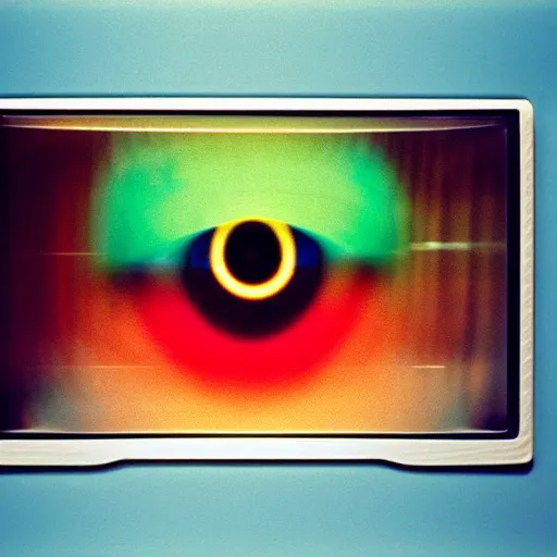 Prompt: eerie glowing Eye on analog tv screen in 2000's classic kids room vibrant, blurry, motion blur, polaroid photo