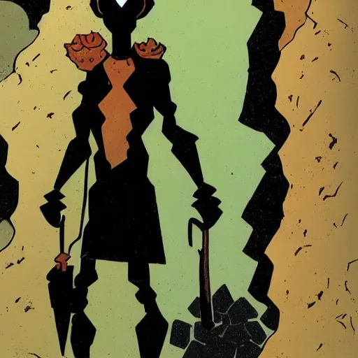 Prompt: a young man stands alone in a cavern, beautiful art by mike mignola