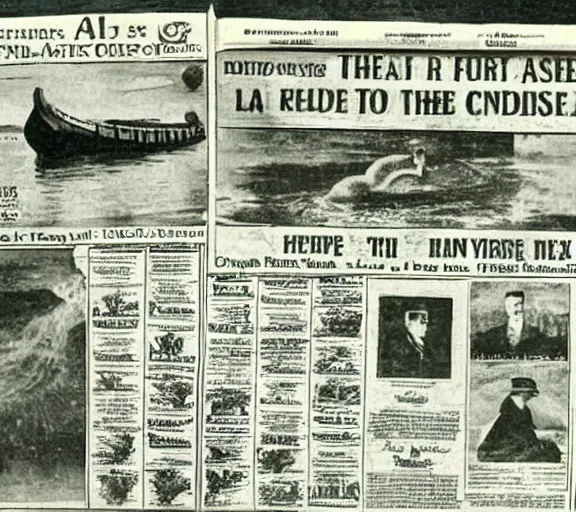 Prompt: photo of the loch ness monster on the cover of a 1 9 2 0 s newspaper,