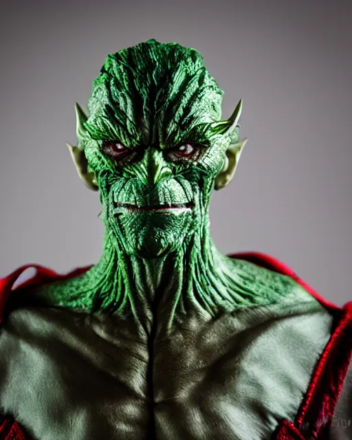 Prompt: A studio photo of the supervillain Green Goblin as an old man, 50 years old, bokeh, 90mm, f/1.4
