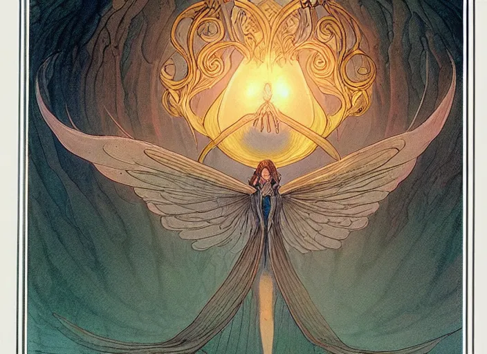 Prompt: a symmetrical! delicate magic the gathering illustration by charles vess of radiant winged seraph with iridescent, spread wings in the shape of a vulva, it's face concealed by the bulb of the vestibule
