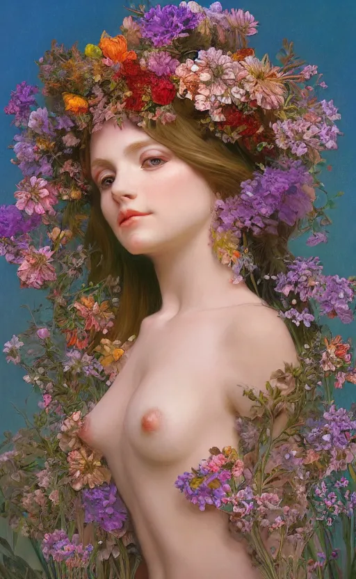 Prompt: a oil painting hyperrealism of a beautiful woman on a white background, flowers, painted by mucha, floral headdress, 8 k resolution, octane render, trending on artstation, volumetric light 2 blue fractal thunder glow by dan mumford, anaglyph effect, laurie lipton