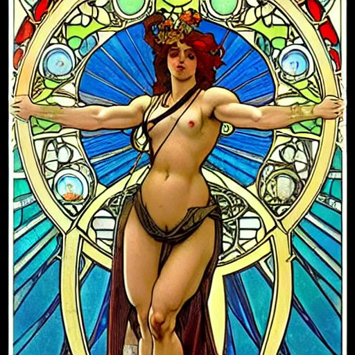 Prompt: female hyper muscular goddess of war holding trident highly detailed features, high quality, transparent glass, toilet paper, portapotty, intricate, stained glass by alphonse mucha