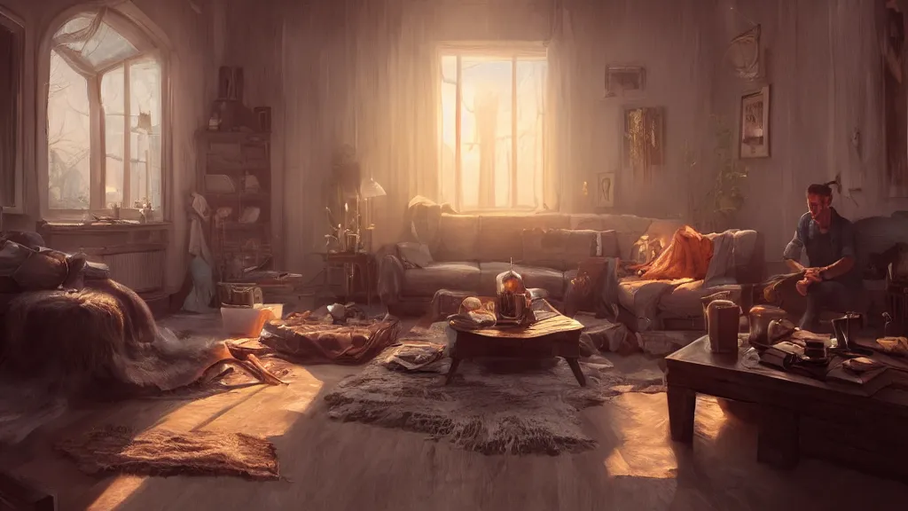 Image similar to a photorealistic hype realistic render of an interior of a beautifully decorated cozy living room by pixar, greg rutkowski, wlop, artgerm, dramatic moody sunset lighting, long shadows, volumetric, cinematic atmosphere, octane render, artstation, 8 k