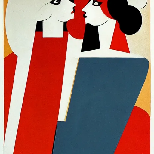 Prompt: two mechanical women kissing by el lissitzky, big tech corporate art style, memphis design, bauhaus