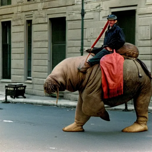 Prompt: a man riding a walrus down the street, kodachrome, 3 5 nn f 1, 4 lens, dramatic lighting, masterpiece