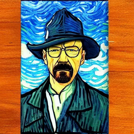 Prompt: a scene from breaking bad featuring walter white painted by van gogh