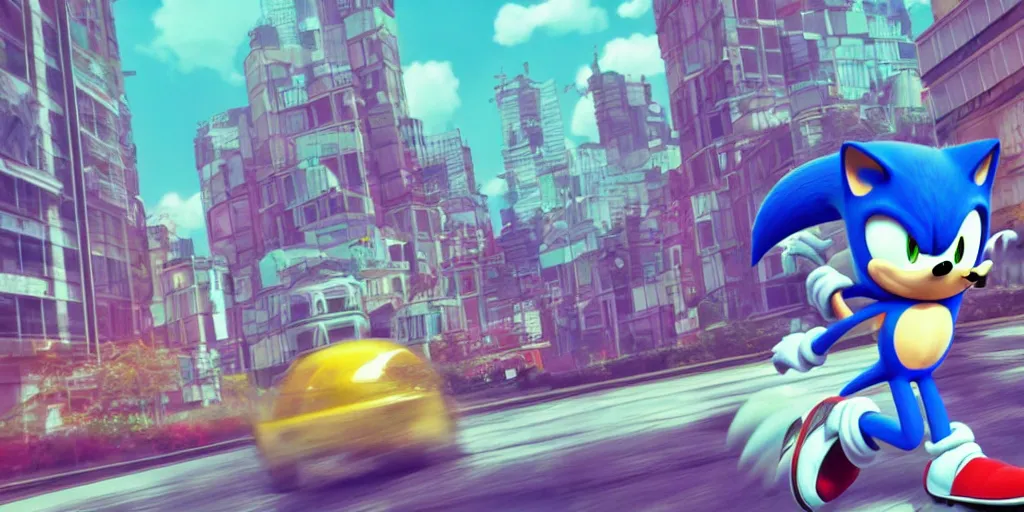 Image similar to sonic the hedgehog, lofi, pastel, Esthetic, calm, city,