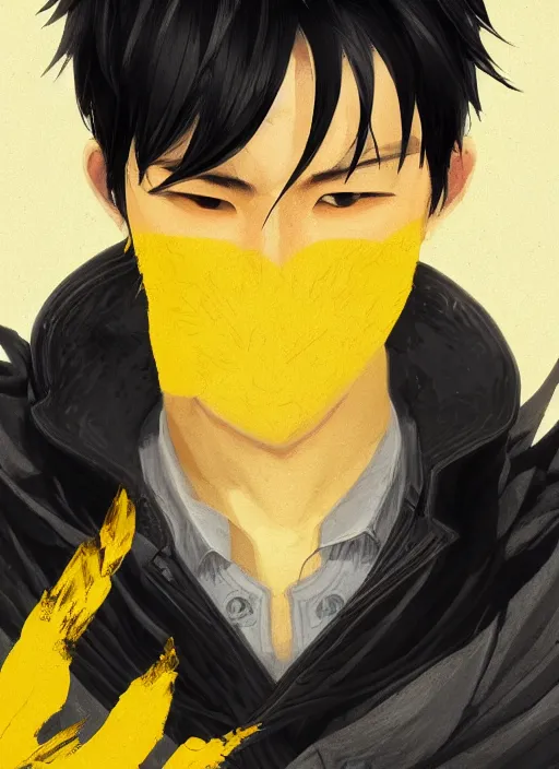 Image similar to a highly detailed illustration of young attractive japanese guy wearing black detective coat, yellow eyes, dramatic standing pose, intricate, elegant, highly detailed, centered, digital painting, artstation, concept art, smooth, sharp focus, league of legends concept art, wlop.