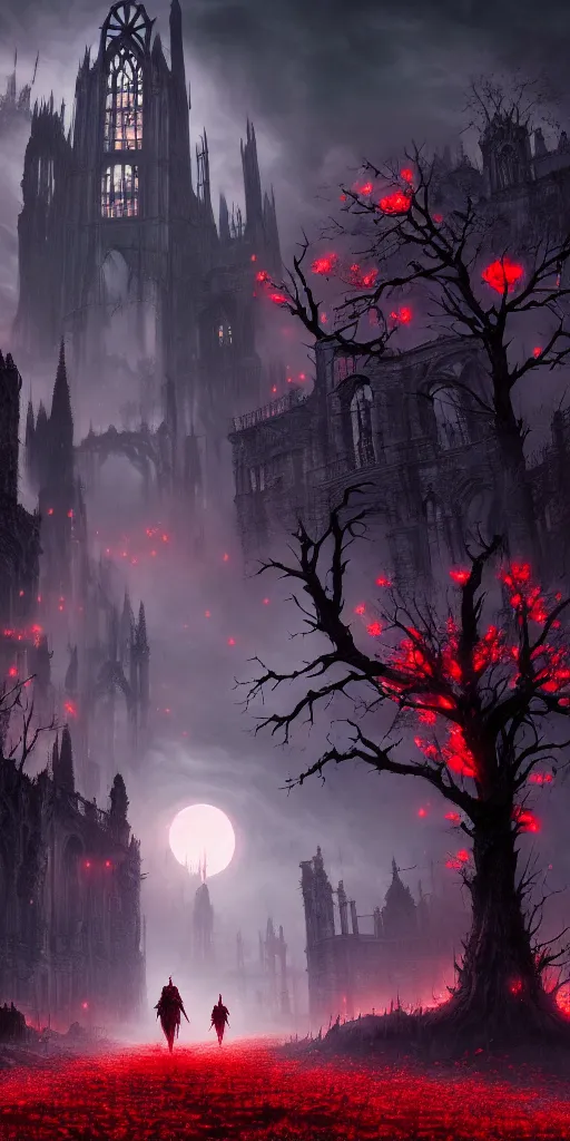 Image similar to abandoned bloodborne old valley with a person at the centre and a ruined gothic city in the background, trees and stars in the background, falling red petals, epic red - orange moonlight, perfect lightning, wallpaper illustration by niko delort and kentaro miura, 4 k, ultra realistic