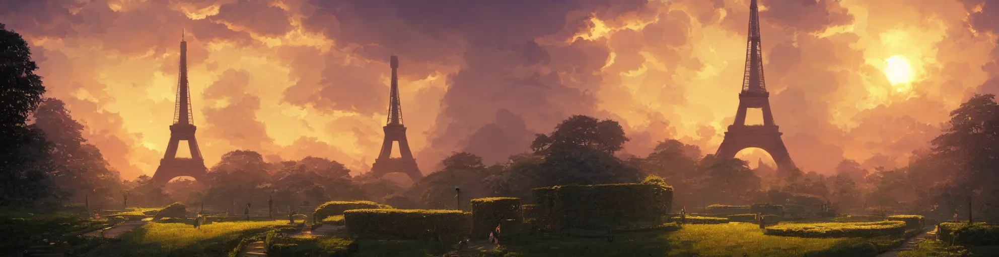 Prompt: A landscape of hedge maze and eiffel tower, Studio Ghibli, backlight dramatic sunset in the sky, animated, anime, illustrated, vibrant, by Greg Rutkowski, dungeons and dragons on artstation