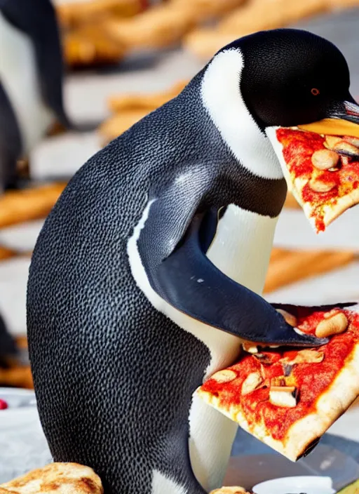 Prompt: photo of a penguin eating a pizza slice