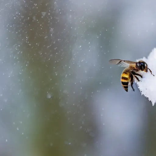 Prompt: a bee trying to reach a huge snowflake, beautiful macro photography, ambient light