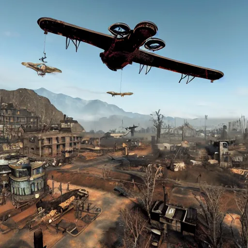 Image similar to a vertibird from Fallout flying over a steampunk village