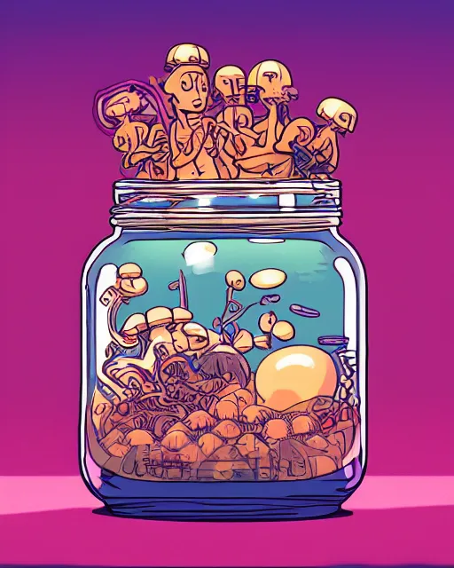 Prompt: awesome logo on jar of a brain and mushroom and pills with dark techno. synthwave colours, in the style of spirited away, hyperrealism, art by satoshi kon, lush detail, award winning, trending on artstation