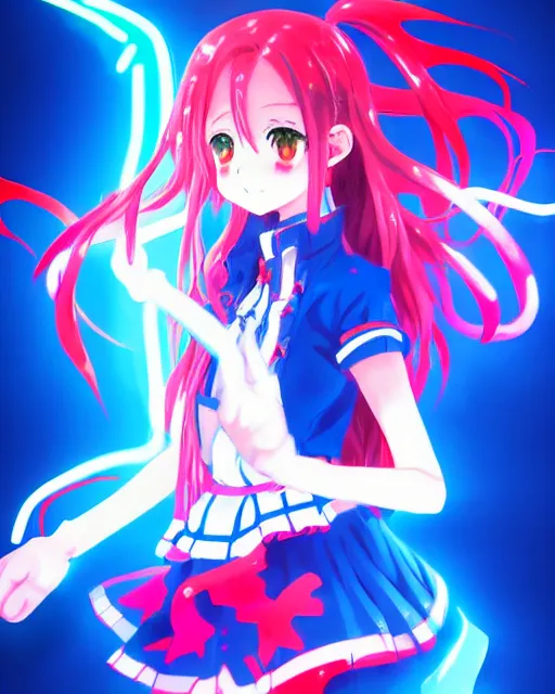 Image similar to anime style, vivid, expressive, full body, 4 k, painting, a cute magical girl idol with a long wavy hair wearing a dress fighting monsters, blue and red, balance, correct proportions, stunning, realistic light and shadow effects, neon lights, studio ghibly makoto shinkai yuji yamaguchi