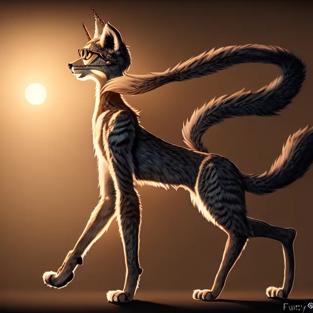 Image similar to the full body of anthropomorphic lynx fursona from behind wearing a steampunk suit as unimaginably beautiful, gorgeous, elegant, young woman with lynx head, an ultrafine hyperdetailed illustration by furaffinity, intricate linework, white fur, unreal engine 5 highly rendered, global illumination, radiant light, detailed and intricate environment