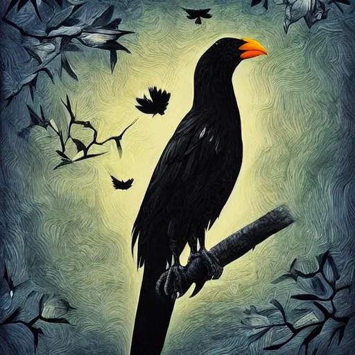 Image similar to a simple crow painting by Android Jones and M. C. Escher collaboration