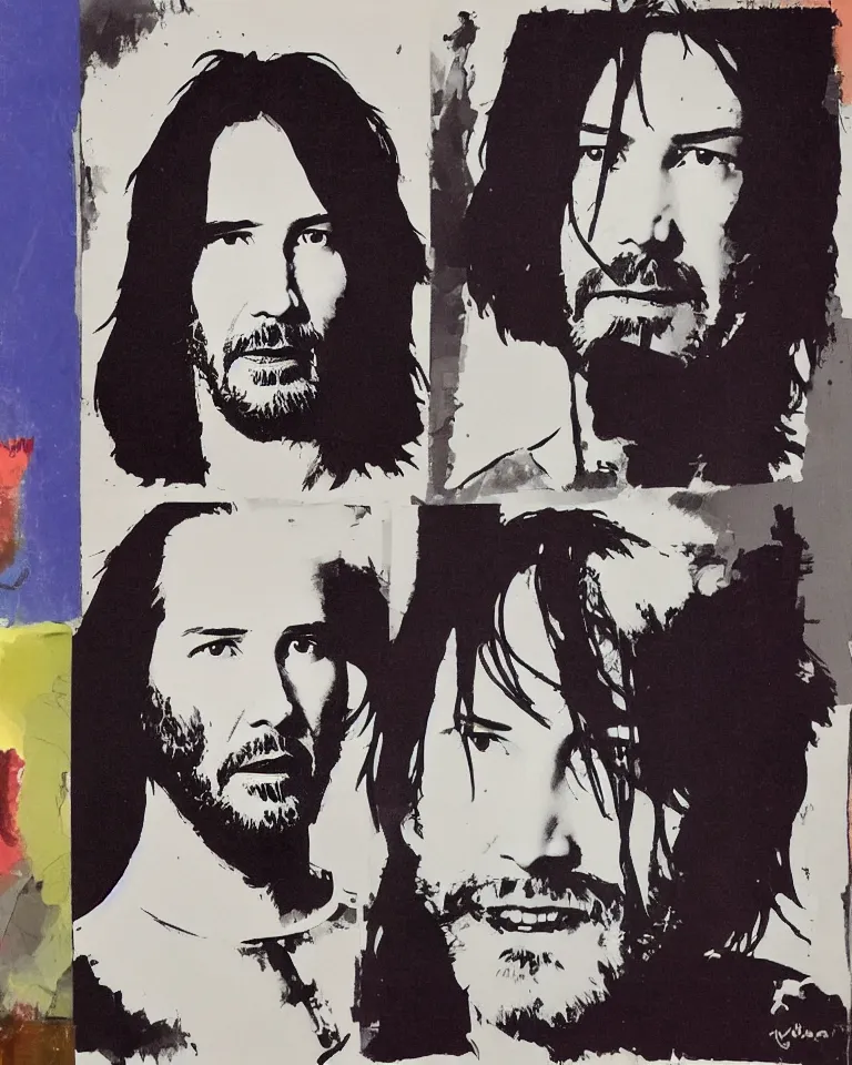 Image similar to keanu reeves caricature, painted by andy warhol