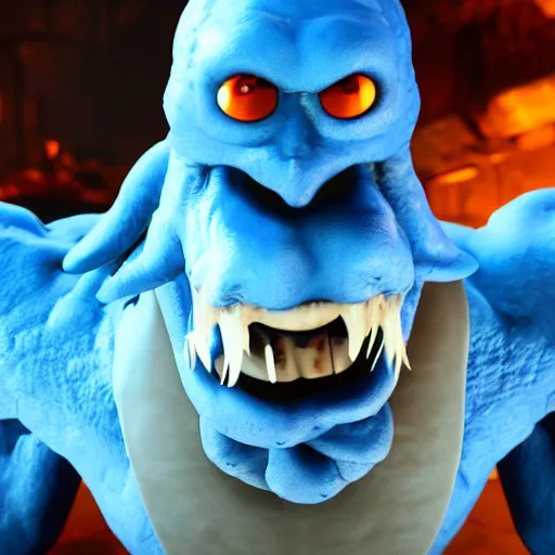 Image similar to angry Blue Meanie in the video game Doom, hyperrealistic, octane render, unreal engine 5, highly detailed, high quality, 8K, soft lighting, realistic face, path traced