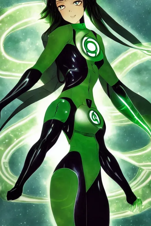 Image similar to anime key visual of a beautiful young female green lantern!! intricate, green and black suit, glowing, powers, dc comics, cinematic, stunning, highly detailed, digital painting, artstation, smooth, hard focus, illustration, art by artgerm and greg rutkowski and alphonse mucha